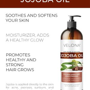 Benefits: ✅ Deeply hydrates skin without a greasy feel. ✅ Balances oil production, ideal for all skin types. ✅ Rich in antioxidants for youthful, radiant skin. ✅ Non-comedogenic, perfect for acne-prone skin. ✅ Versatile use for skin, hair, and nails. Cold Pressed Pure Golden Jojoba Oil by Velona 3